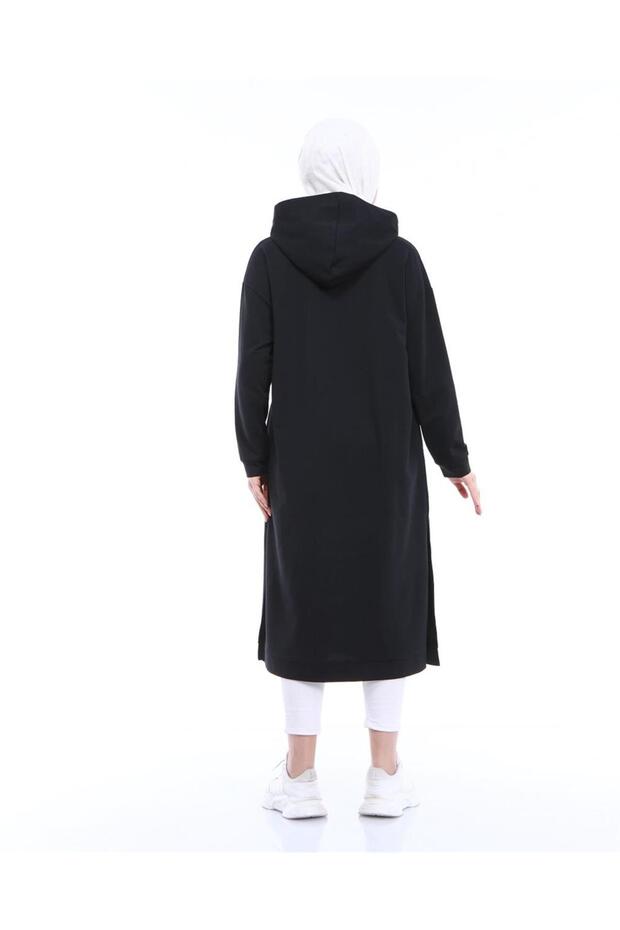 Atlas Kapşonlu Uzun Sade Basic Sweatshirt - 03007.003 - Siyah - 6