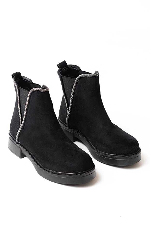 02-02 Black Suede Elastic Daily Women's Boots with Stone Accessories
