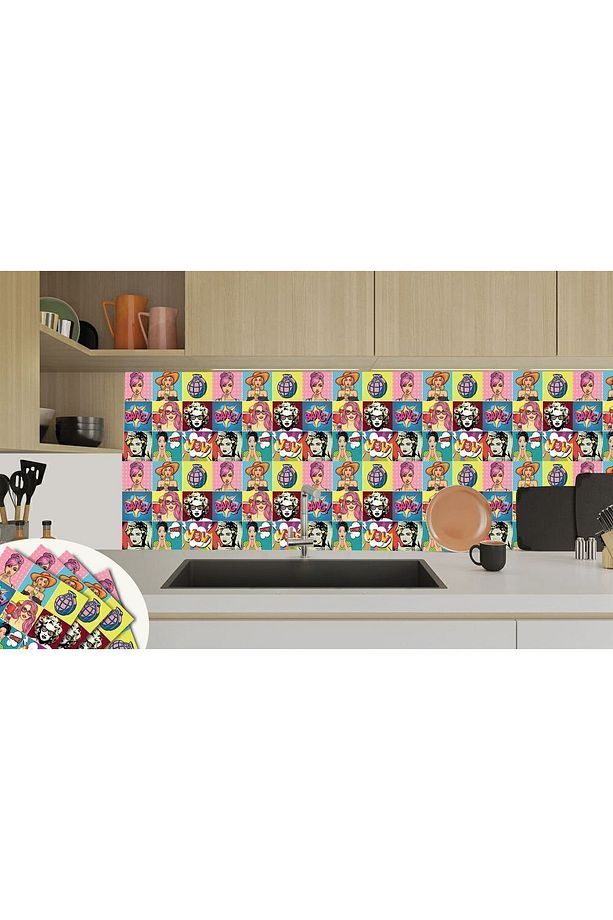Kendinden Yapışkanlı Karma Popart Desenli Pvc Karo 30x30 Cm (4 ADET) 0,36 M2 - 6