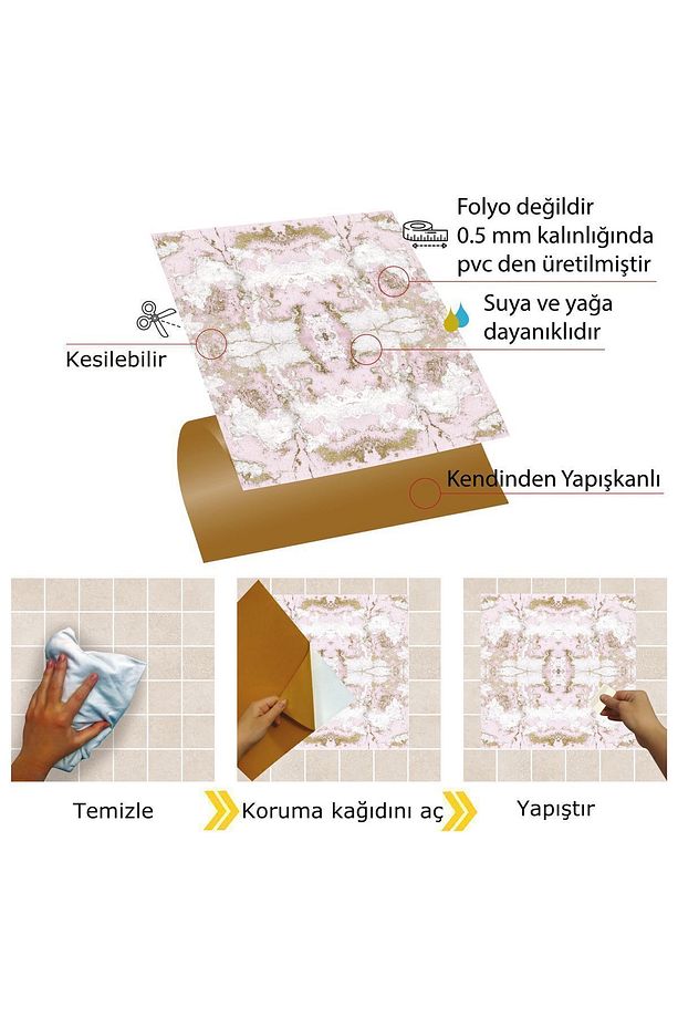 Kendinden Yapışkanlı Zemin Duvar Kaplama Mermer 012 Desenli Pvc Karo 30x30 Cm (4 ADET) 0,36 M2 - 3