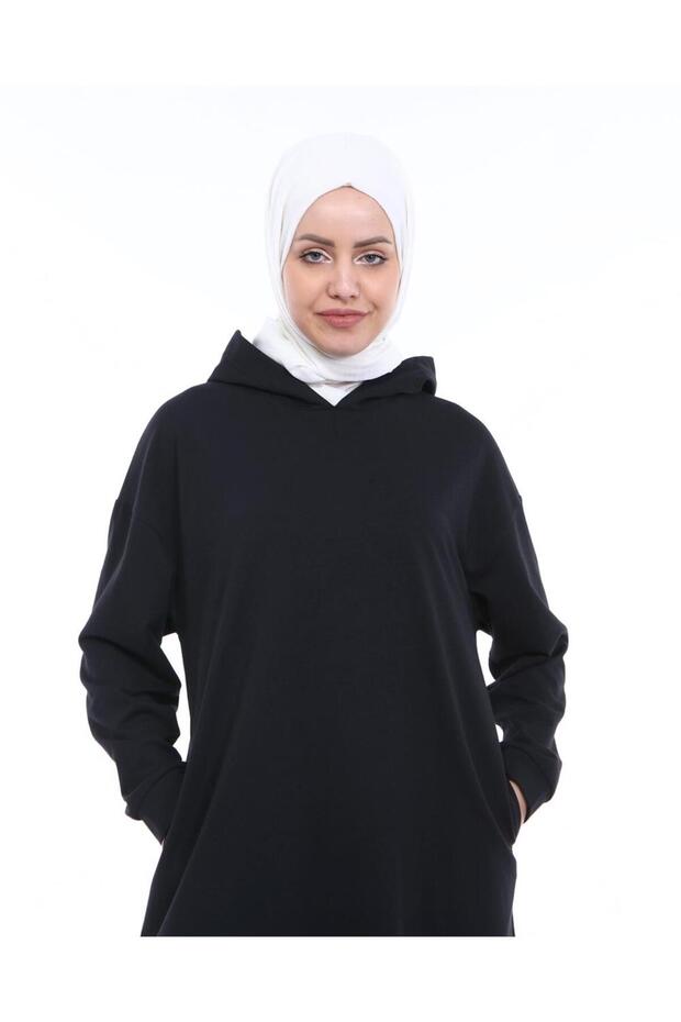 Atlas Kapşonlu Uzun Sade Basic Sweatshirt - 03007.003 - Siyah - 5