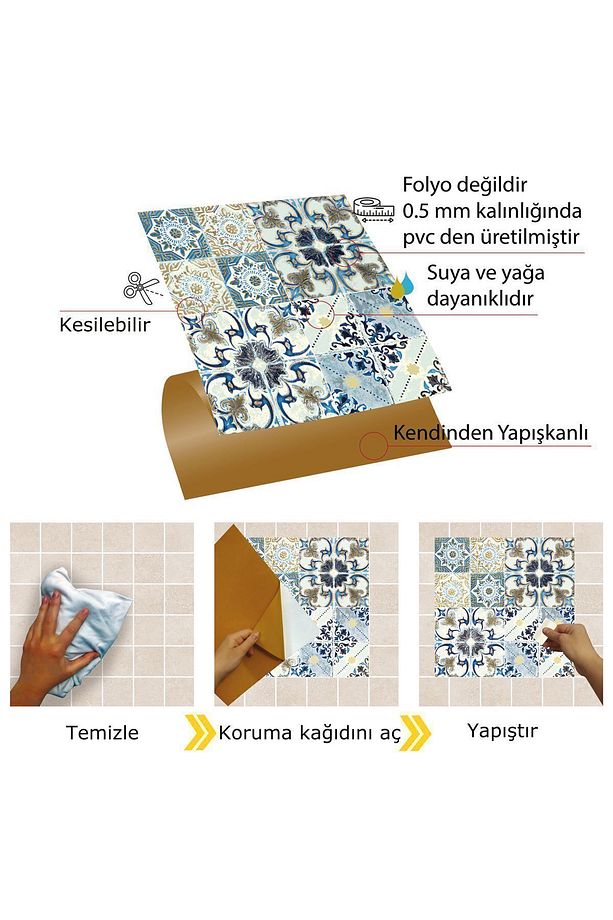 Kendinden Yapışkanlı Banyo Mutfak Kaplama Fas4 Retro Desenli Pvc Karo 30x30 Cm (11 ADET) 1m2 - 4