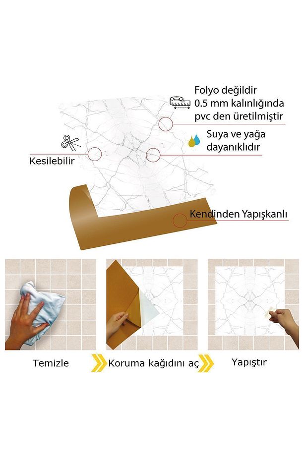 Kendinden Yapışkanlı Seramik Fayans Kaplama Mermer 010 Desenli Pvc Karo 30x30 Cm (4 ADET) 0,36 M2 - 3