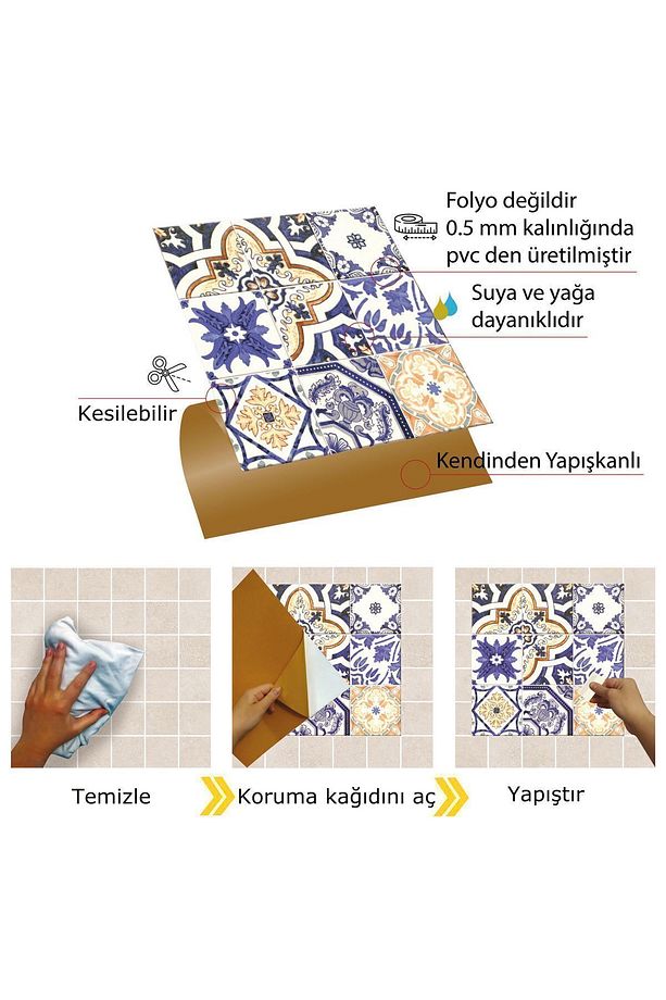 Kendinden Yapışkanlı Karma Mavi Çini Desenli Pvc Karo 30x30 Cm (11 ADET) 1m2 - 4