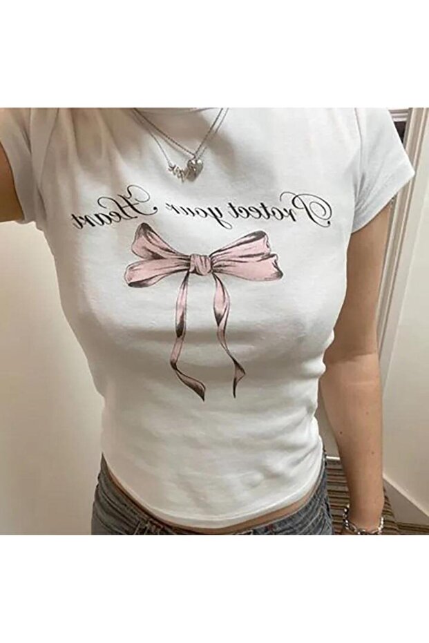 Worm Boutique Y2K Belt Boy Protect Your Heart Printed White Crop