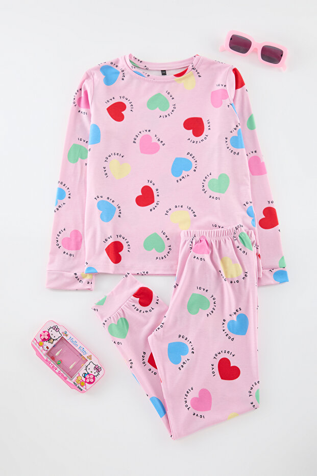 Pembe Yumuşak Dokulu Kız Çocuk Kalp Baskılı Örme Pijama Takım TKDAW25AU00130 - 2