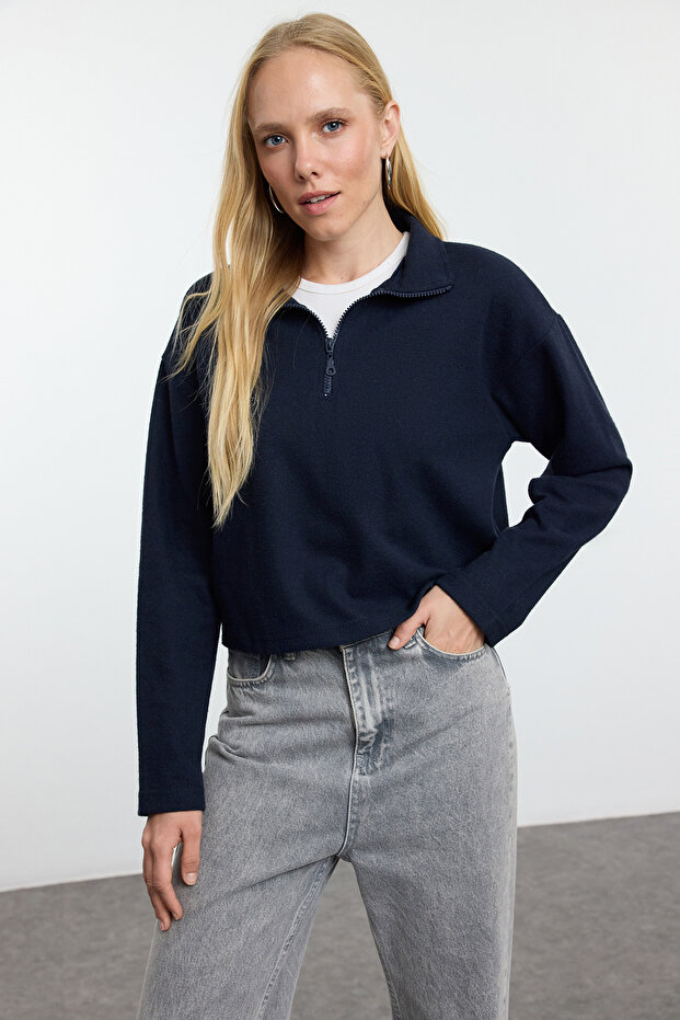 Lacivert-Gri 2'Li Paket Selanik Regular/Normal Kalıp Fermuarlı Yaka Örme Sweatshirt TWOAW25SW00120 - 4