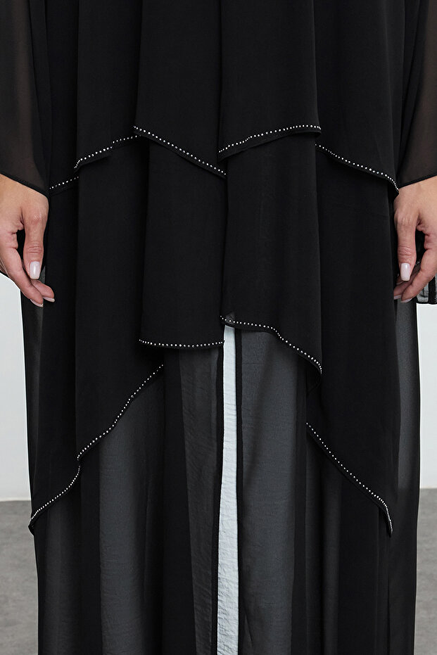 Siyah Eteği Katlı Taş Detaylı Dokuma Kap & Ferace & Abaya TCTAW25KF00005 - 4