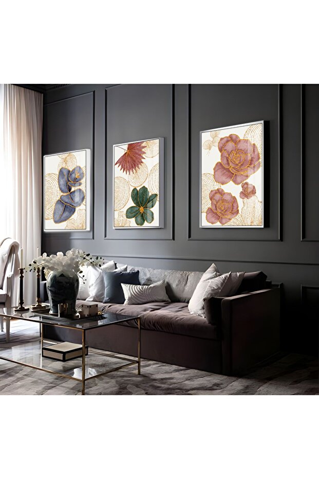 Hari̇kabi̇rev | Gold-Pink-Blue Flowers Combination | Framed Glass Table 3 Pieces Vertical