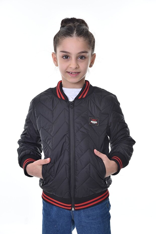 Girl's Black College Collar Lined Water and Windproof Zippered Pocket Coat Jacket