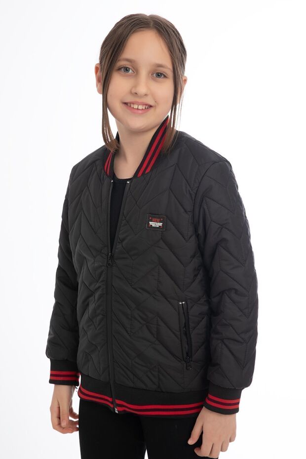 Girl's Black College Collar Lined Water and Windproof Zippered Pocket Coat Jacket