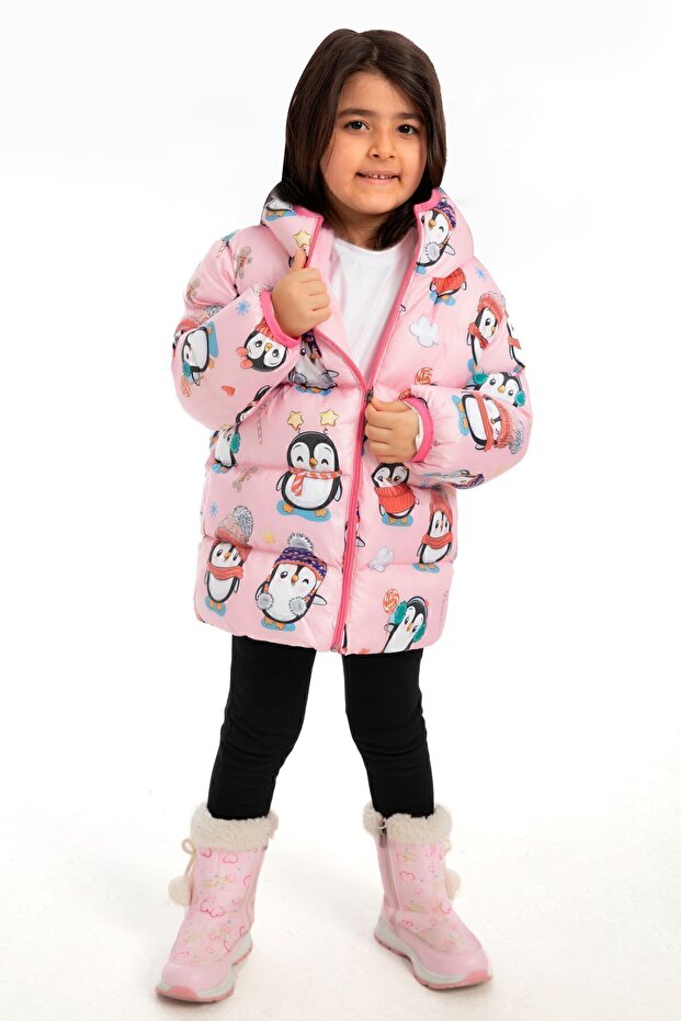 Girl's Fleece Hooded Penguin Candy Patterned Winter Puffer Jacket & Coat & Parka