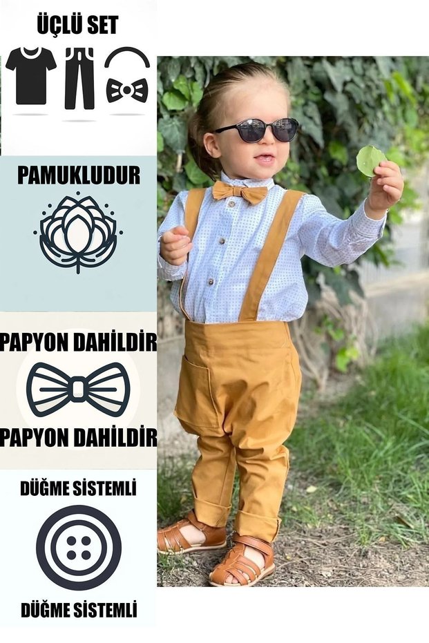 Mustard Colored Salopet Suit with Square White Shirt Boys Girls Holiday Gift Baby and Children's Clothing