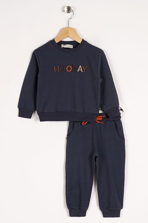 Crew Neck Long Sleeve Hooray Printed Anthracite Color Boy's Two Piece Set