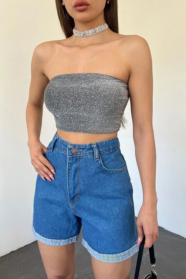 Kadın Mavi Duble Paça Yıkamalı Denim Şort Bcdf-233307 - 2