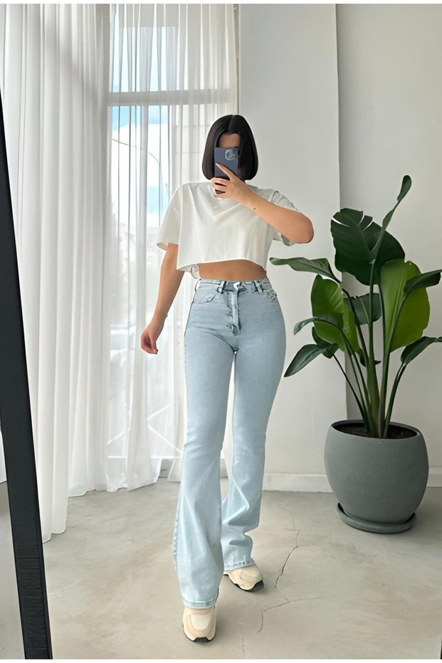 Beauty Women's Light Blue Snow Wash Spanish Fit Flared Leg High Waist Jeans