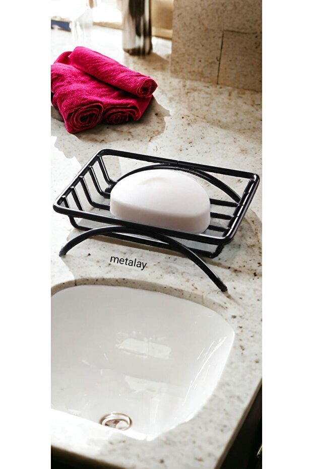 حامل صابون صلب مستطيل معدني مطلي باللون الأسود للحمام والمطبخ - 1