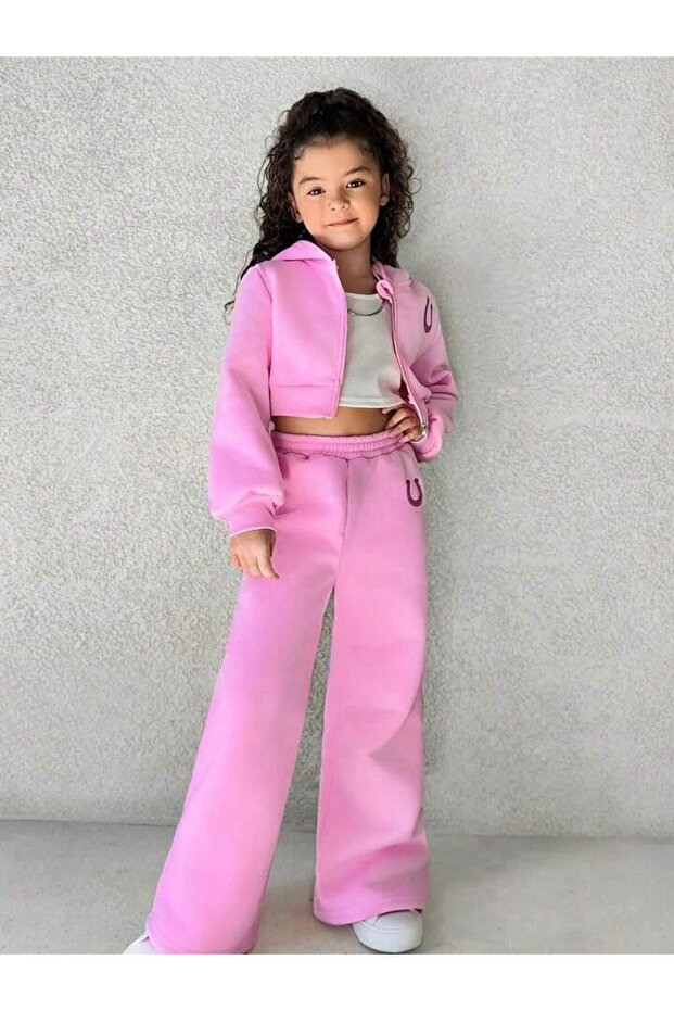 Children's Oversize Hooded Zippered Crop Cardigan Tracksuit Set