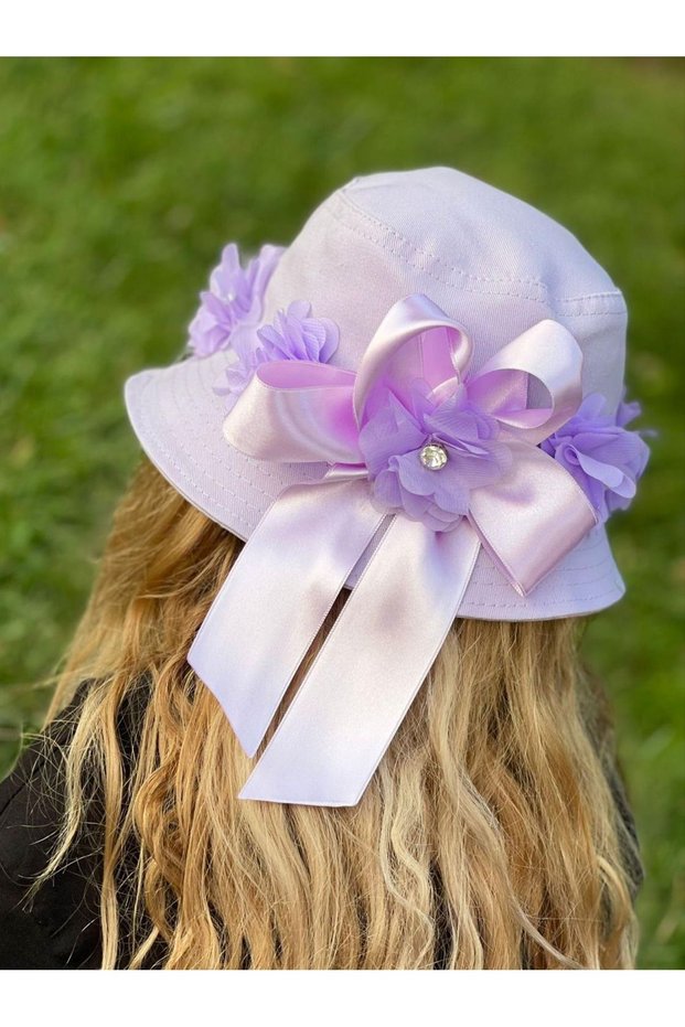 Luxury Custom Design Stone and Floral Ribbon Adult Youth Baguette Bucket Hat Lilac Purple