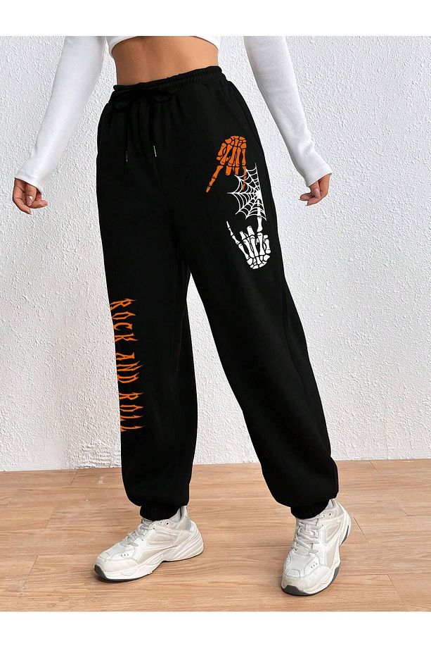 Rock And Roll İskelet El Eşofman Altı Jogger - Siyah Baskılı Lastik Paça Yüksek Bel Kışlık - 4