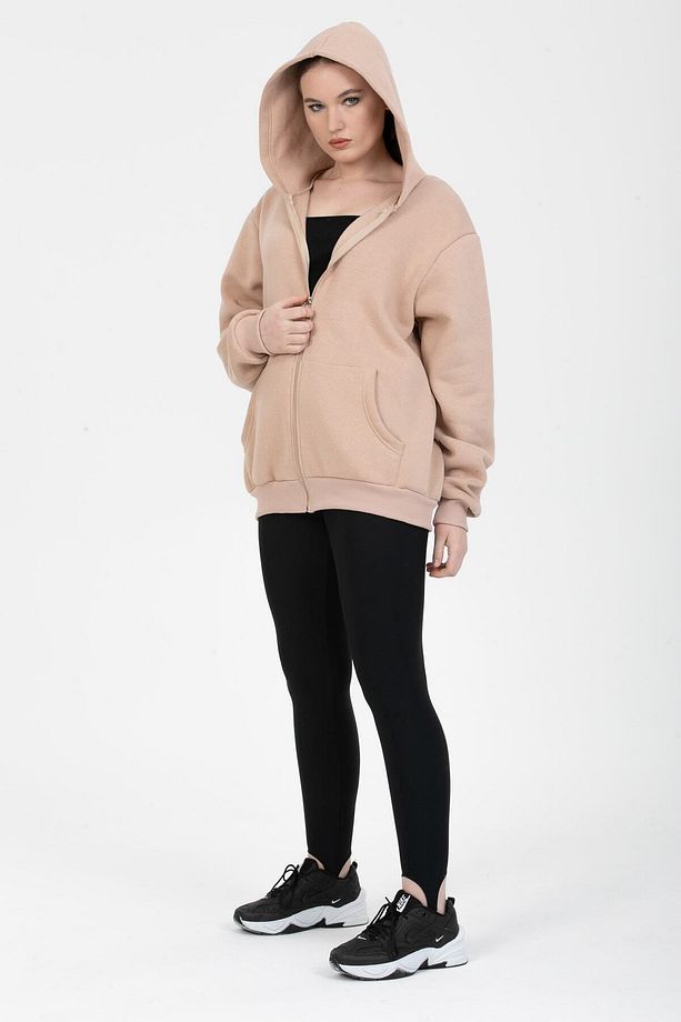 Unisex Soft Camel Oversize Kanguru Cep Detaylı Fermuarlı Sweat - 5