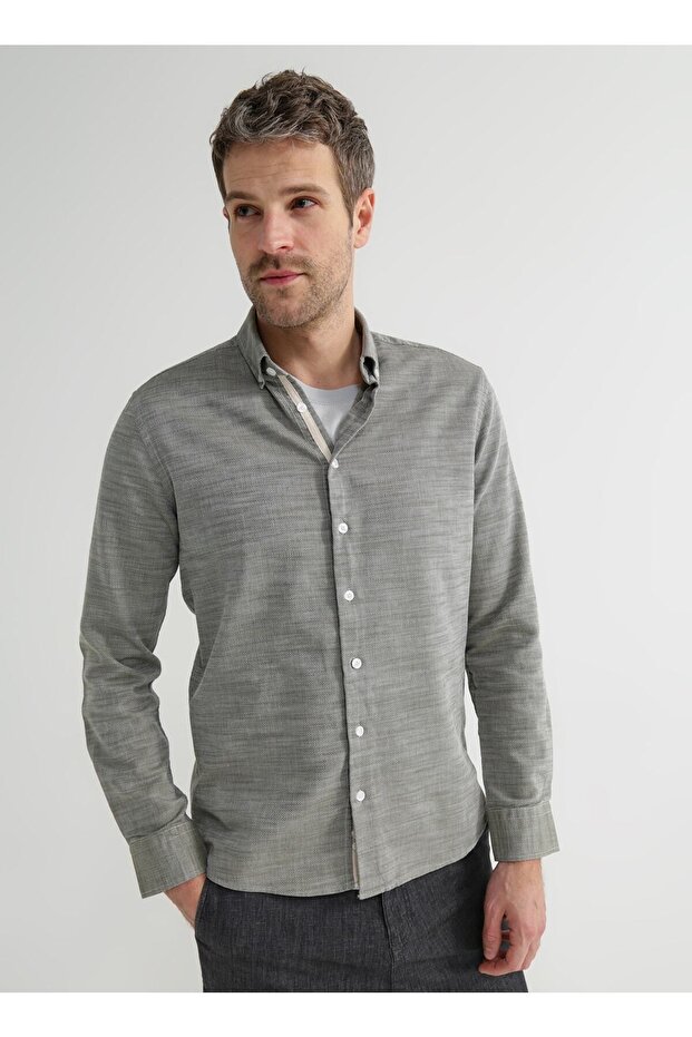 Haki Erkek Düğmeli Basic Armürlü Gömlek NON-KAR - 1