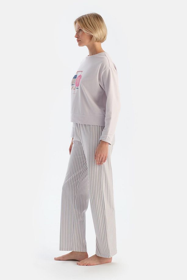 Açık Lila Baskı Detaylı Uzun Kollu Tişört Pantolon Pijama Takımı - 3