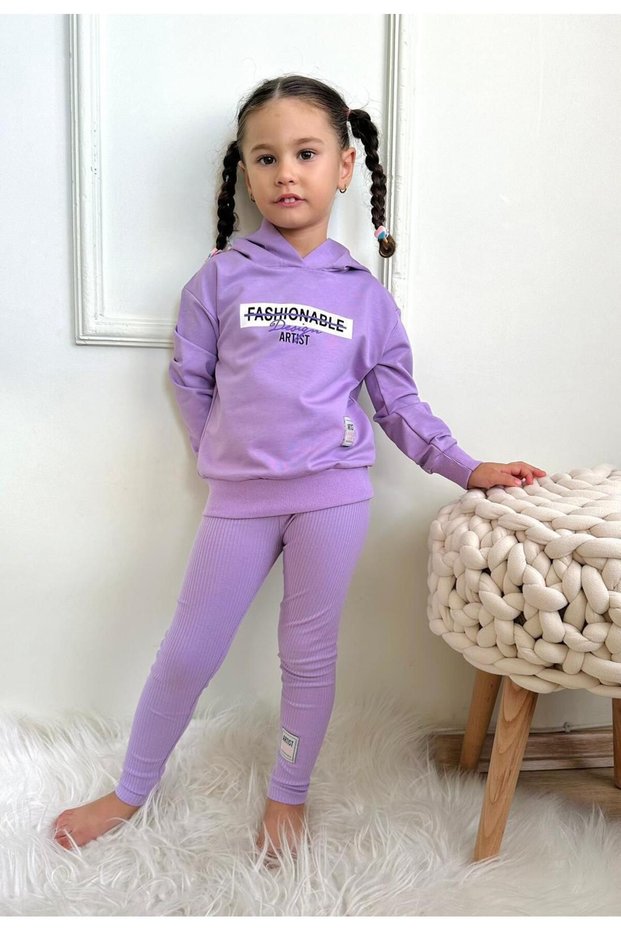 Girl's 2 Thread Fabric Hooded Ribbed Leggings Top and Bottom Set