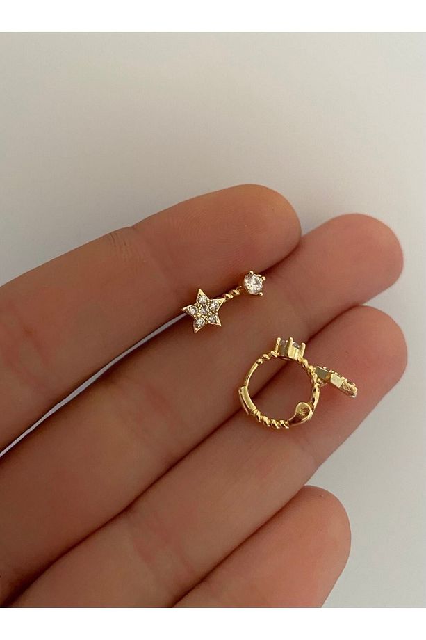 Cerrahi Çelik Tragus Helix Lobe Rook Uyumlu Zirkon Taşlı Yıldız Detay Halka Piercing - 1