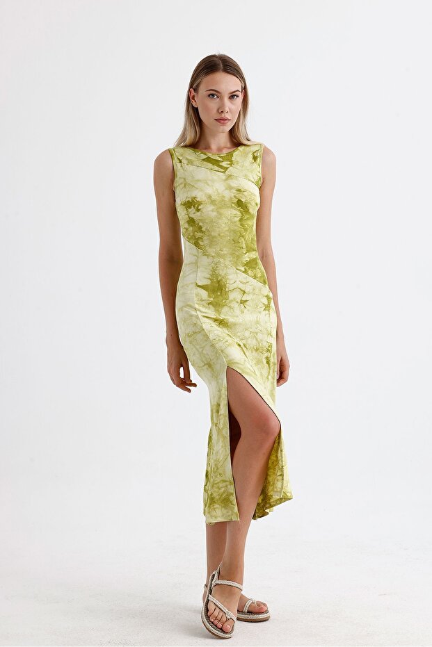 Slit sleeveless Stretch Fabric viscose dress | Elb35734 peanut green batik