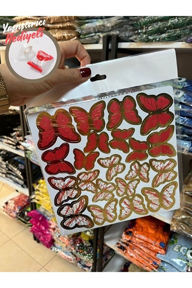 Red 3D Butterfly Patterned Balloon Ornament - 126 Pieces (Adhesive Gift)