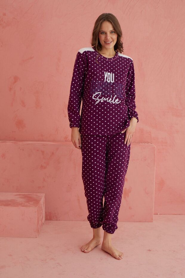 Mor Smile Puan Desenli Bisiklet Yaka Peluş Polar Pijama Takım - 2