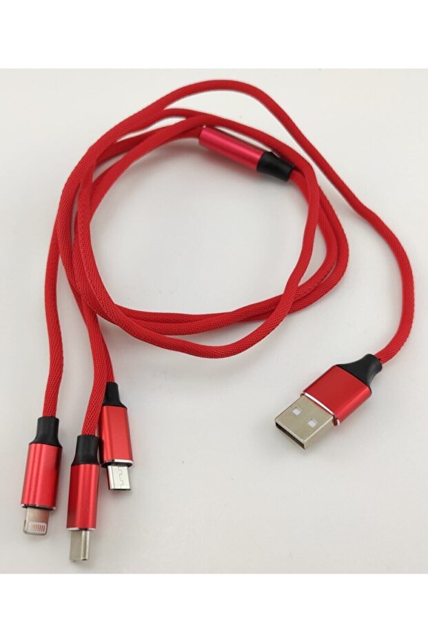 1,2 Metre 3 Lü Şarj Kablosu Mikro Usb Type-c Ios Lightning Kablo 2.4a Kırmızı - 1