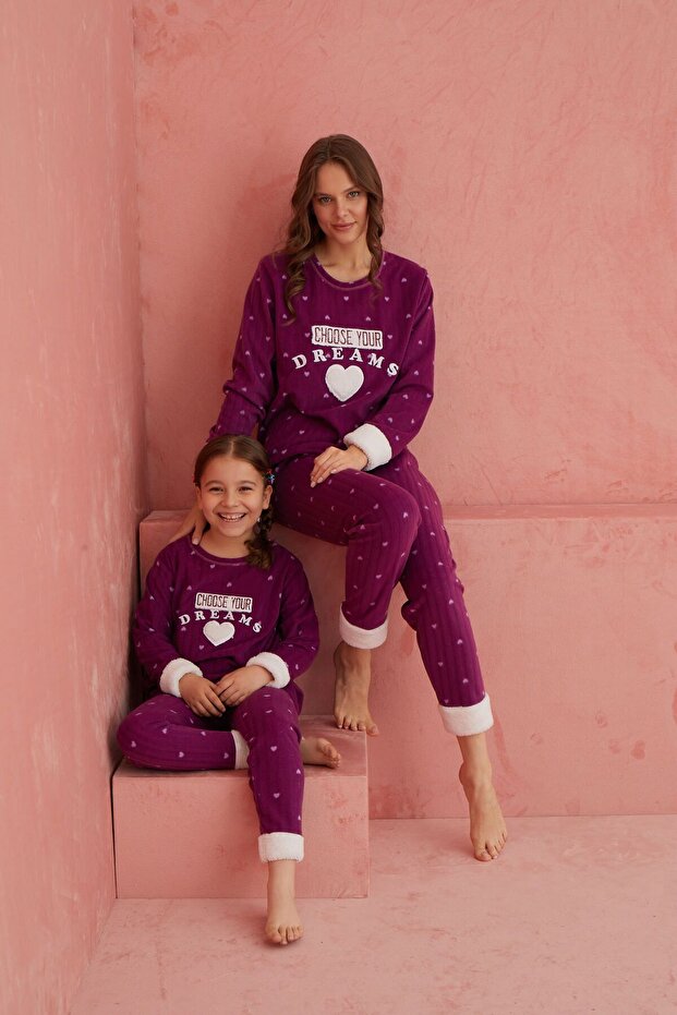 Mor Dreams Kalp Desenli Bisiklet Yaka Peluş Polar Pijama Takım - 1