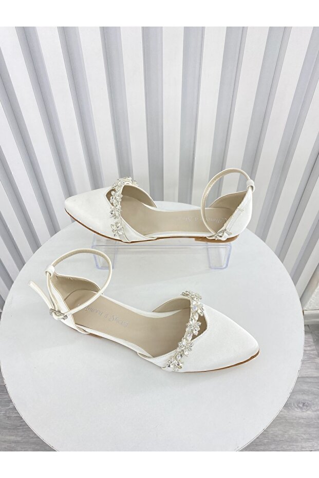 White Satin Ballet Flats with Stone Details