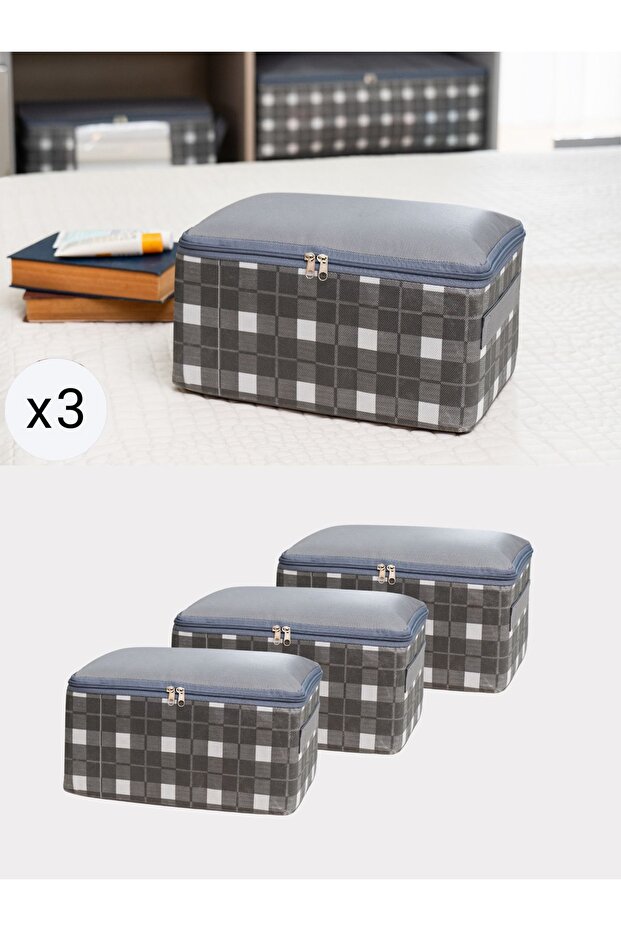 3 Pieces Small Size Gray Checkered Under-Bed Drawer Suitcase Organizer, Hurcu 30X20X15 cm