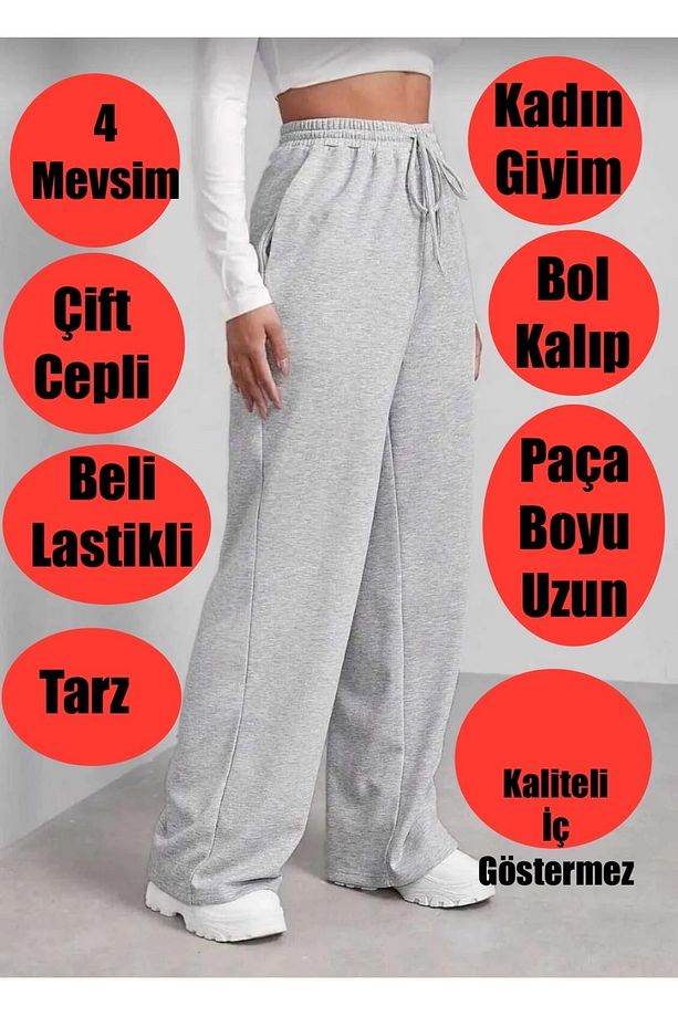 Gri Kadın Bol Paça Evde-Gezmede Rahat Giyim Eşofman Altı - 1