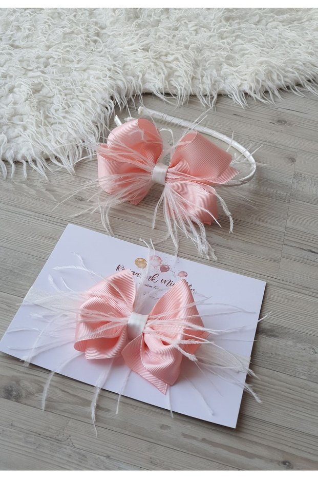 Ecru Feather Shiny Powder Pink Bow Mother Baby Maternity Crown Set (Pregnant Crown) – Crown – Crown – Crown