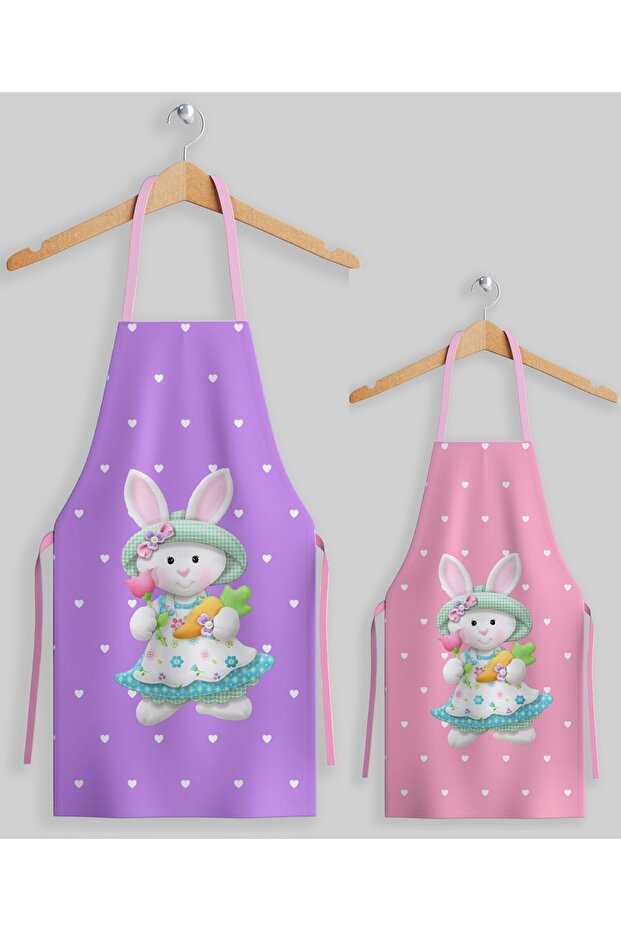 Ays Home Lilac Powder Heart Mother Daughter Kitchen Apron Set