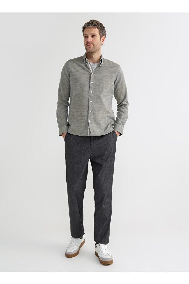 Haki Erkek Düğmeli Basic Armürlü Gömlek NON-KAR - 2