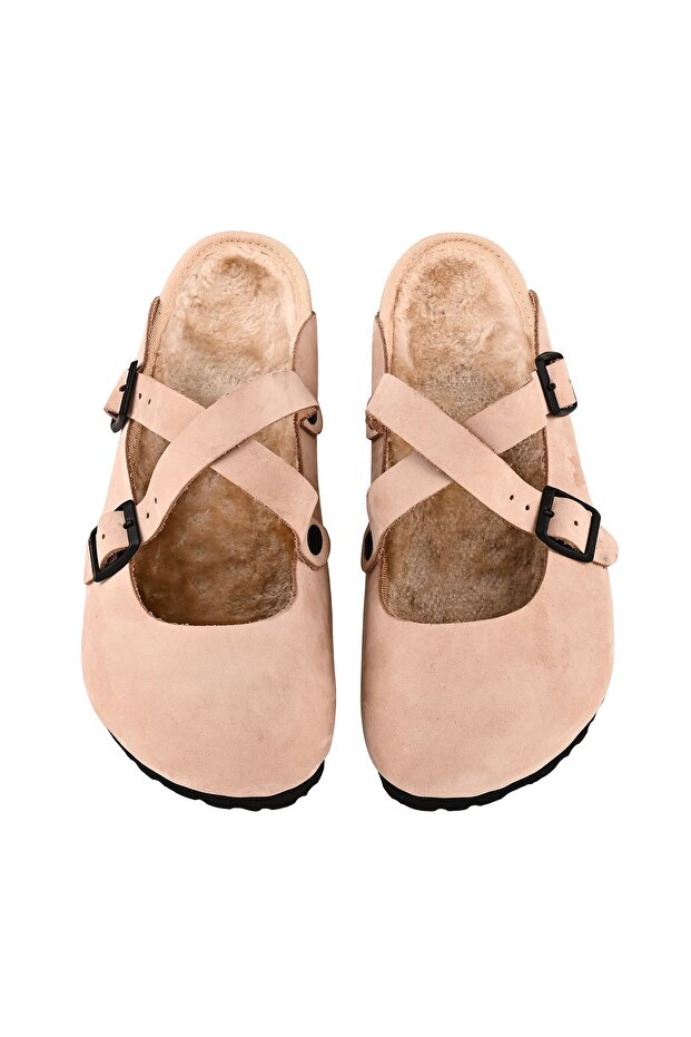Genuine Leather Beige-Powder Furry Slippers