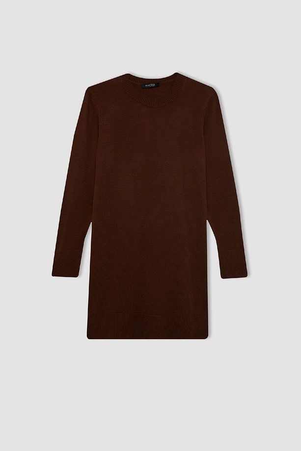 Regular Fit Bisiklet Yaka Yırtmaçlı Basic Düz Triko Kazak Tunik H3431az24au - 1