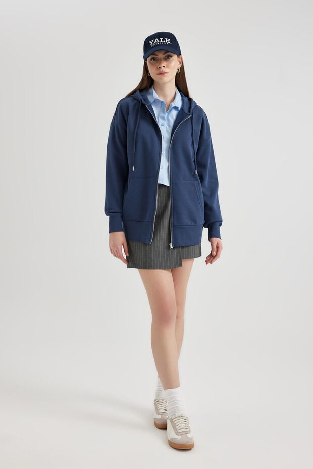 Oversize Fit Kapüşonlu Kalın Kumaş Hırka - 2