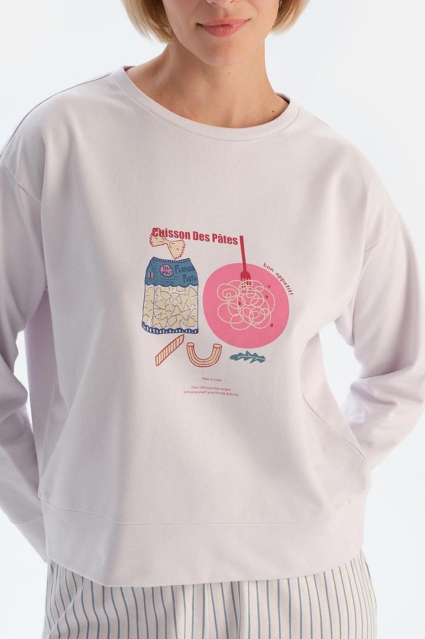 Açık Lila Baskı Detaylı Uzun Kollu Tişört Pantolon Pijama Takımı - 5