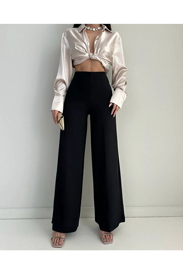 Wide Leg High Waist Full Lycra Crepe Fabric Relaxed Fit Trousers