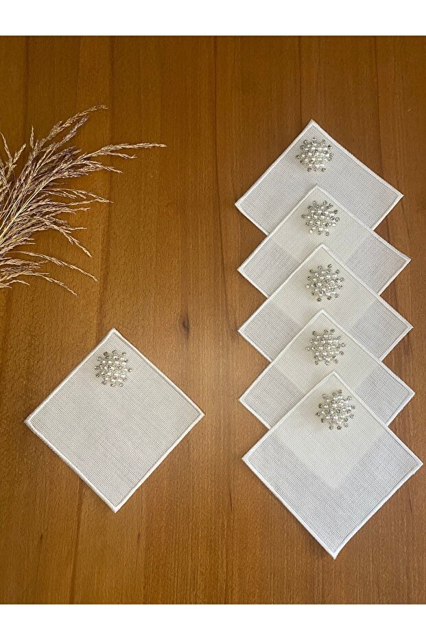 6 Pieces Linen Ecru Color Square Cocktail Serving Napkin with Pearls