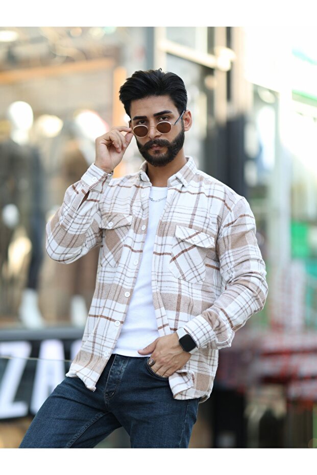 Men's White Beige Striped Double Pocket Lumberjack Shirt