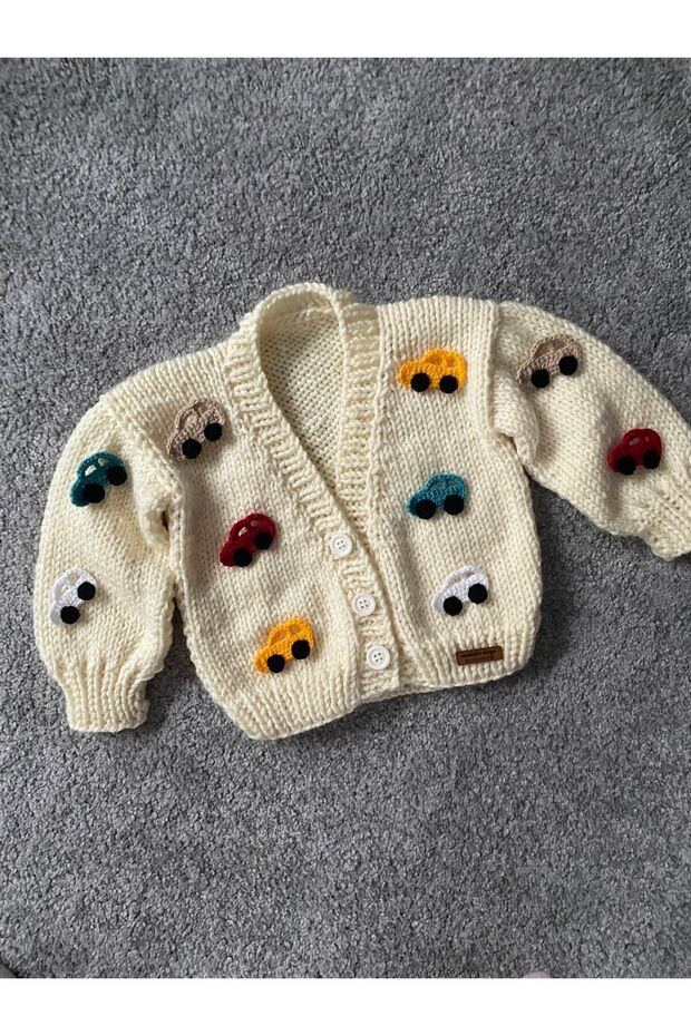 Hand Knitted Boy's Cardigan with Car Detail