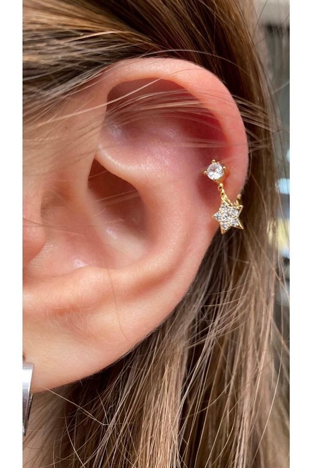 Cerrahi Çelik Tragus Helix Lobe Rook Uyumlu Zirkon Taşlı Yıldız Detay Halka Piercing - 2