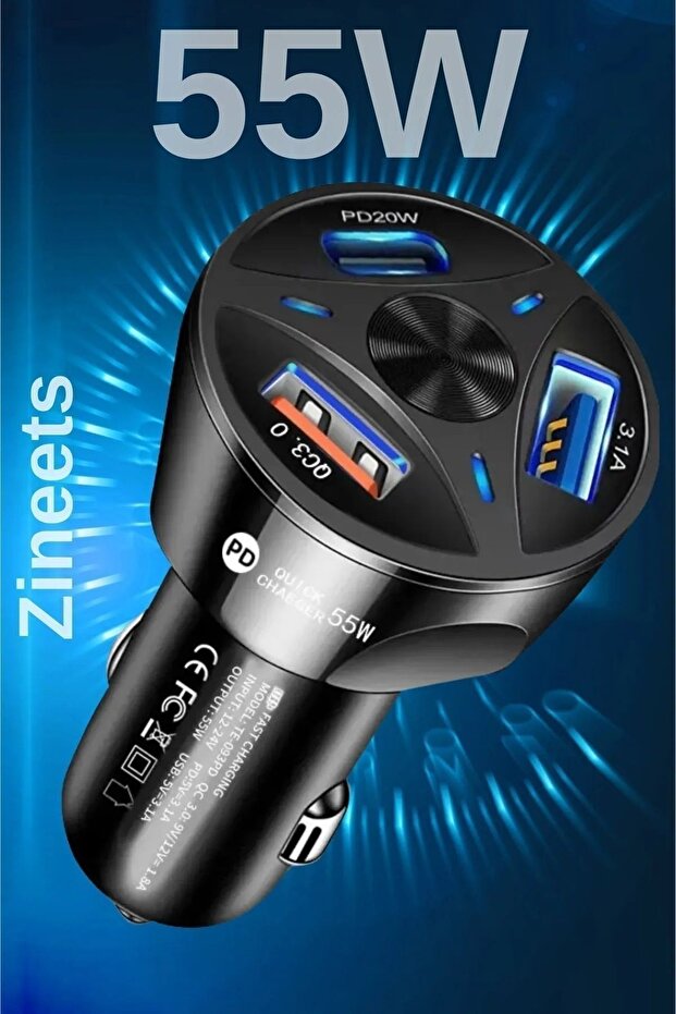 55w Hızlı Şarj 1 Type-c Ve 2 Usb Çıkışlı Araba Çakmaklık Şarj Aleti Fast Android Ve Iphone - 1